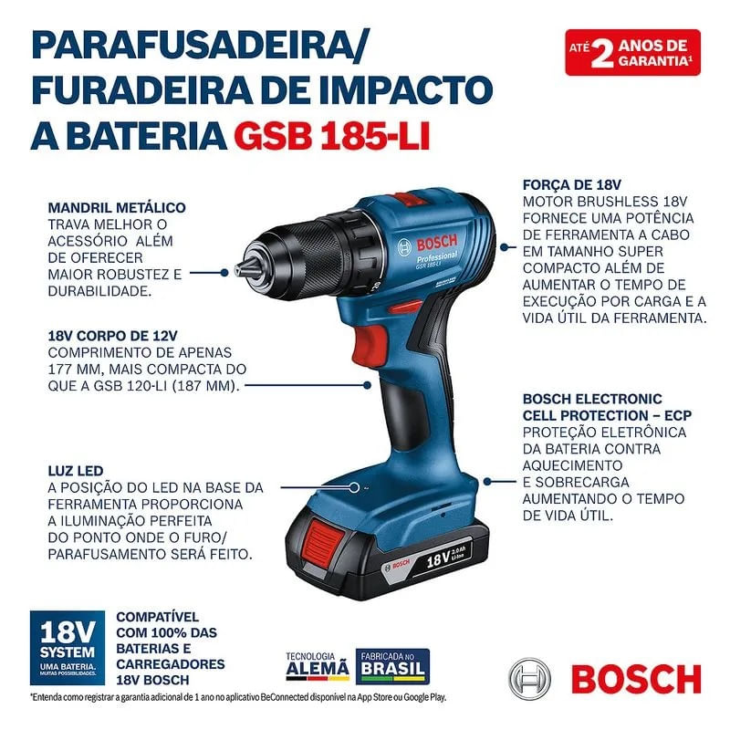 Parafusadeira e Furadeira Impacto LI 18V GSB185 Bateria Azul Preto Bosch - Imagem 8
