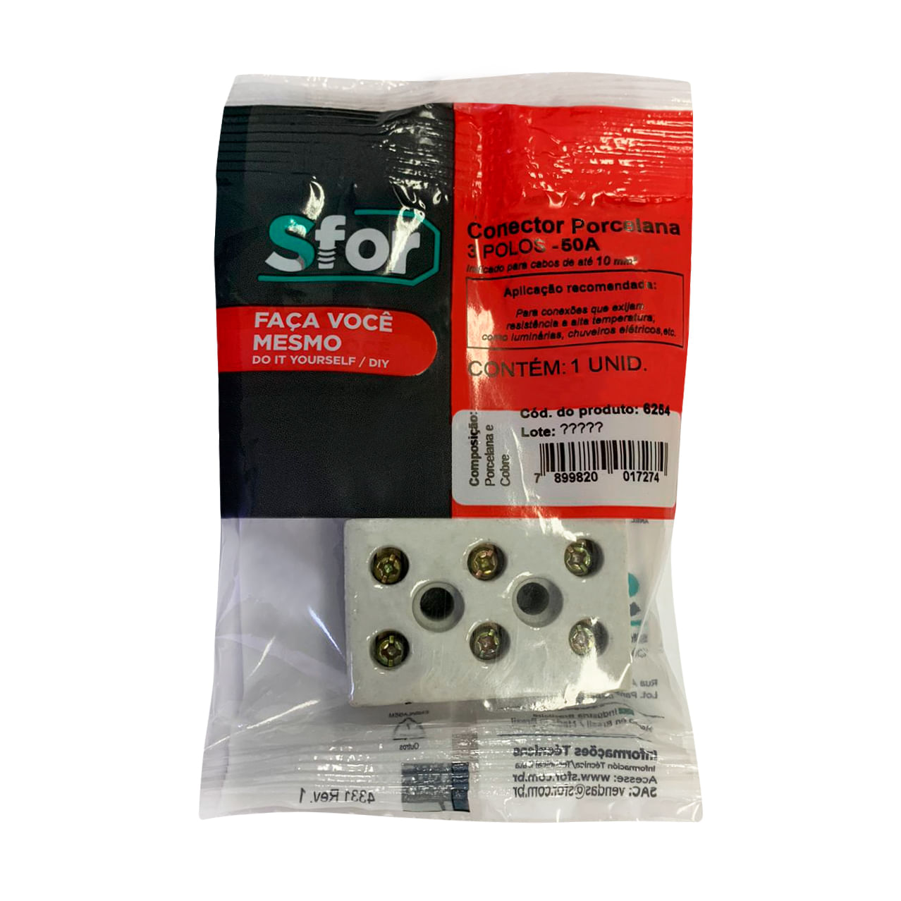 Conector Porcelana 3 Polos 16mm 50A Branco Sfor - Imagem 2