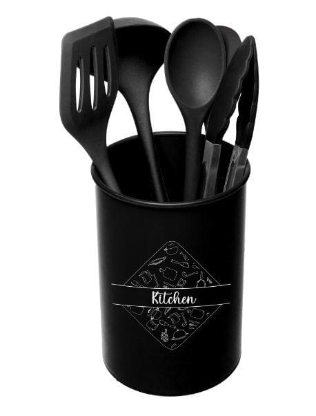 Conjunto 5 Utensílios para Cozinha de Silicone + Suporte Preto Lyor