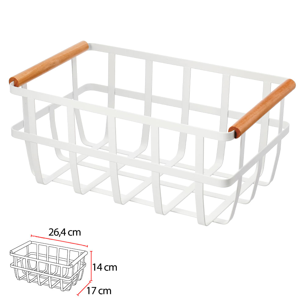Cesto Organizador Aramado com Alça Madeira Branco Flor Arte