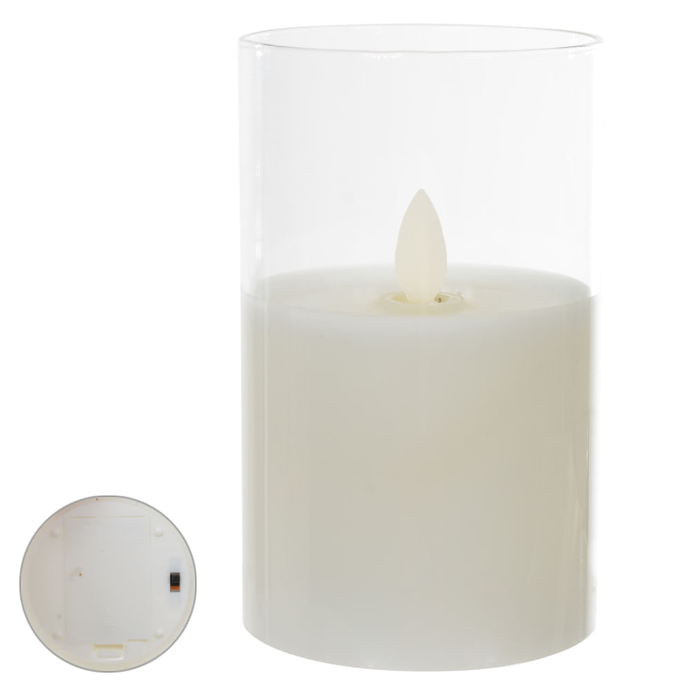 Vela Led de Vidro á Bateria 12x7cm Branco Quente Flor Arte