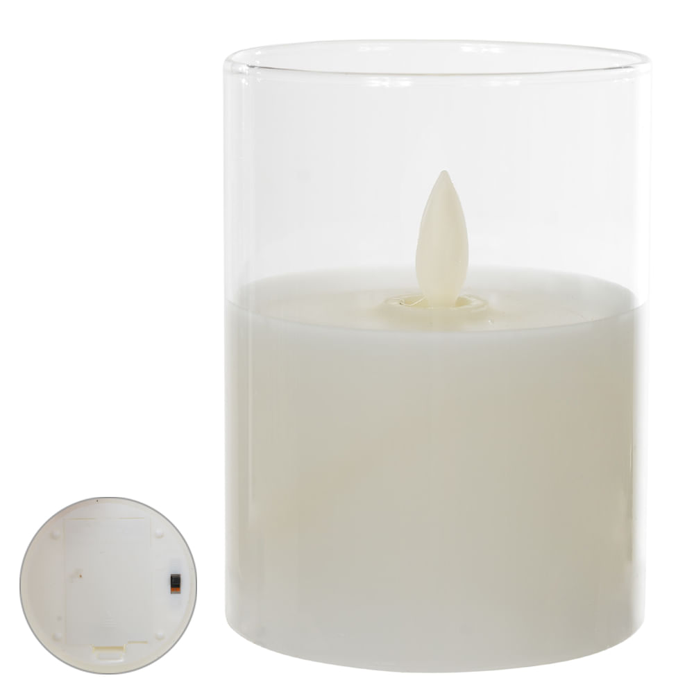 Vela Led de Vidro á Bateria 12x7cm Branco Quente Flor Arte