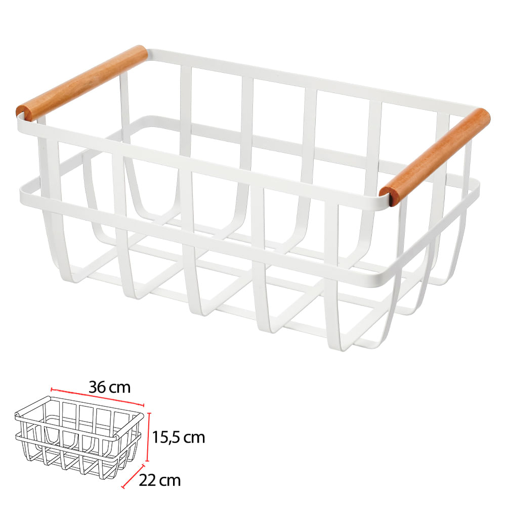 Cesto Organizador Aramado com Alça Madeira Branco Flor Arte