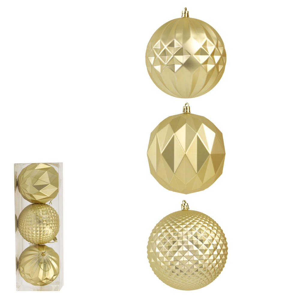 Bola Decorada Natal com 3 Unidades Pvc Champagne Florarte