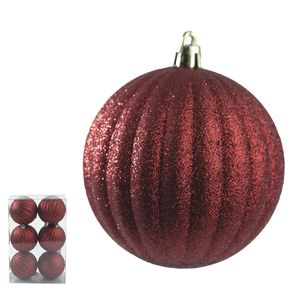 Bola Decorada Natal com 6 unidades Pvc Vermelho Florarte