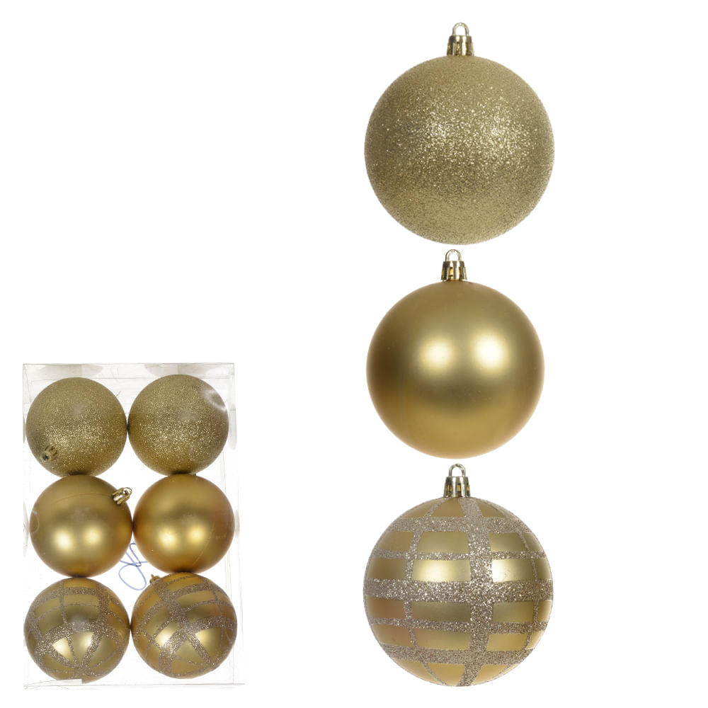 Bola Decorada Natal no Pvc com 6 Unidades Dourado Florarte