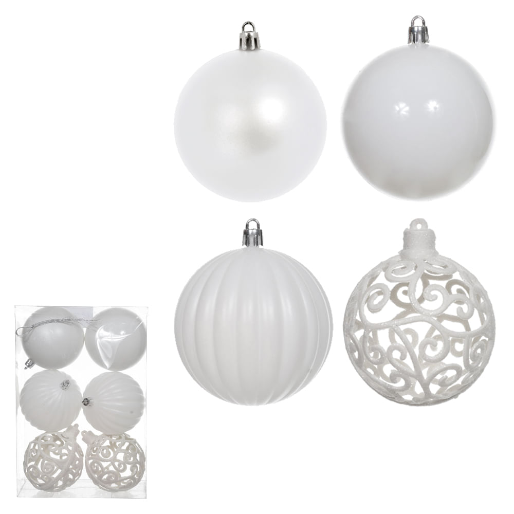 Bola Decorada Natal no Pvc com 6 Unidades Branco Florarte