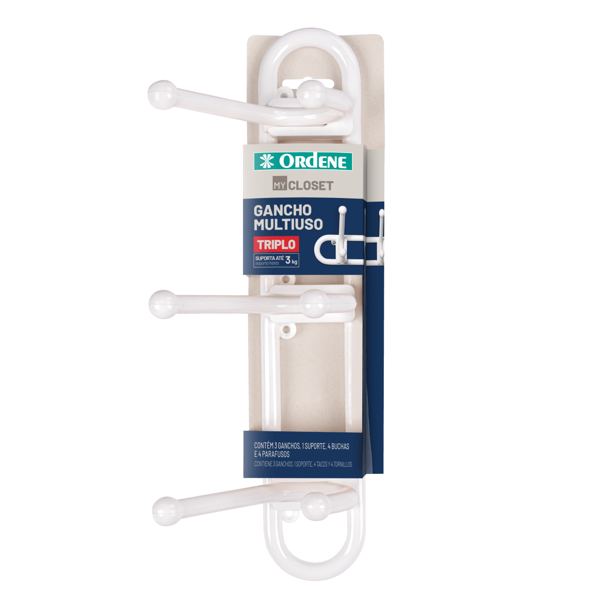 Gancho Plástico Multiuso Triplo 3kg Branco Ordene - Imagem 2
