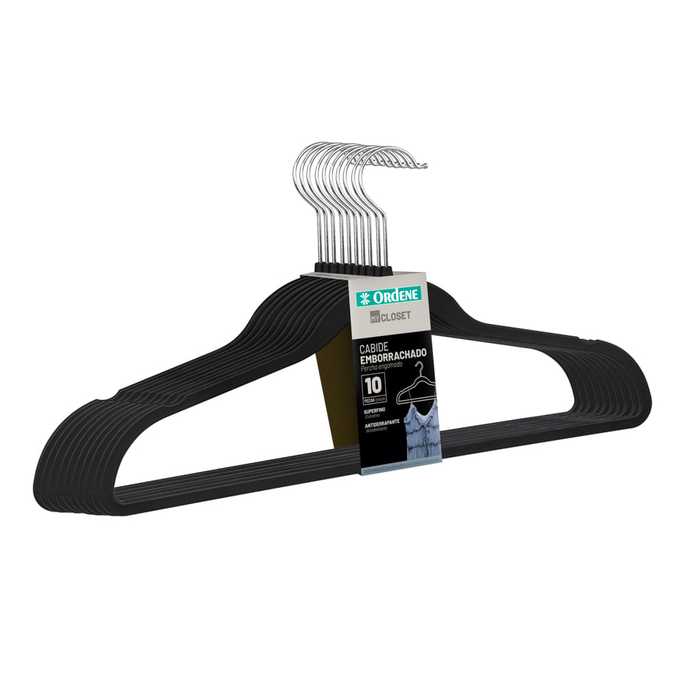 Cabide Emborrachado 40,5cm 10 Peças Preto Ordene