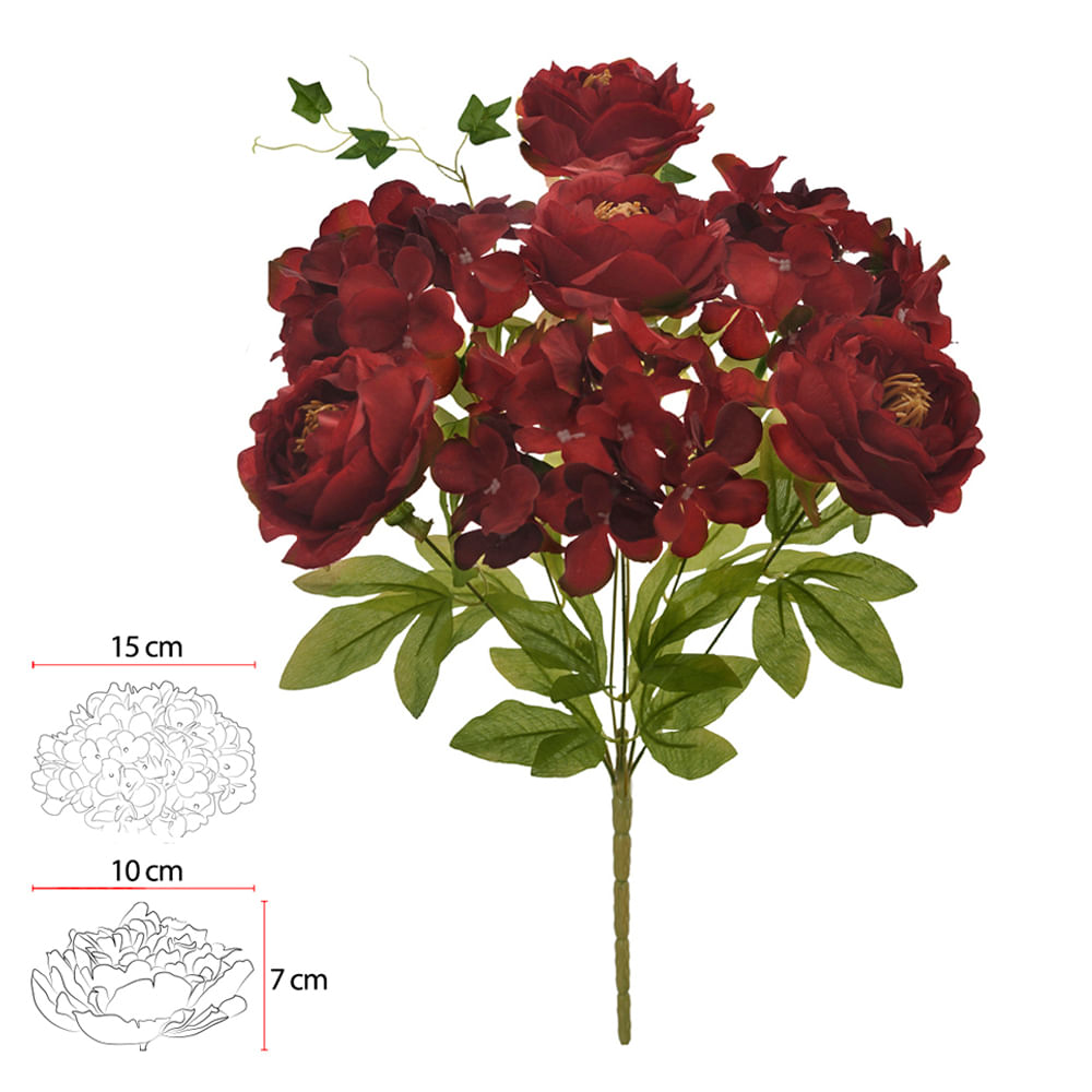 Buque Peônia Hortênsia Outono 51cm Marsala Flor Arte