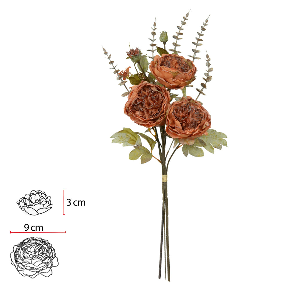 Buque Peônia Ramalhete com Fita Laranja Outono 60cm Flor Arte