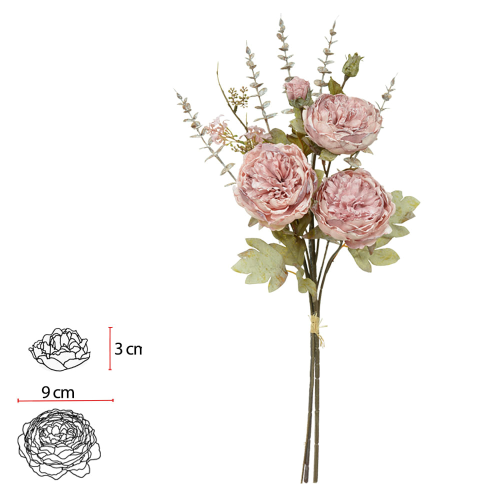 Buque Peônia Ramalhete com Fita Rosa Outono 60cm Flor Arte