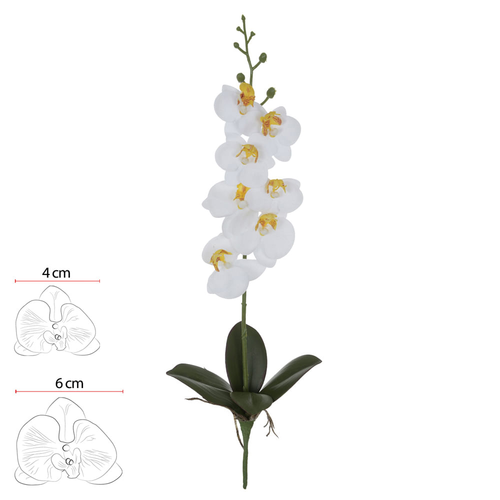 Haste Orquídea Phalaenopsis com Folha 45cm Branco Flor Arte