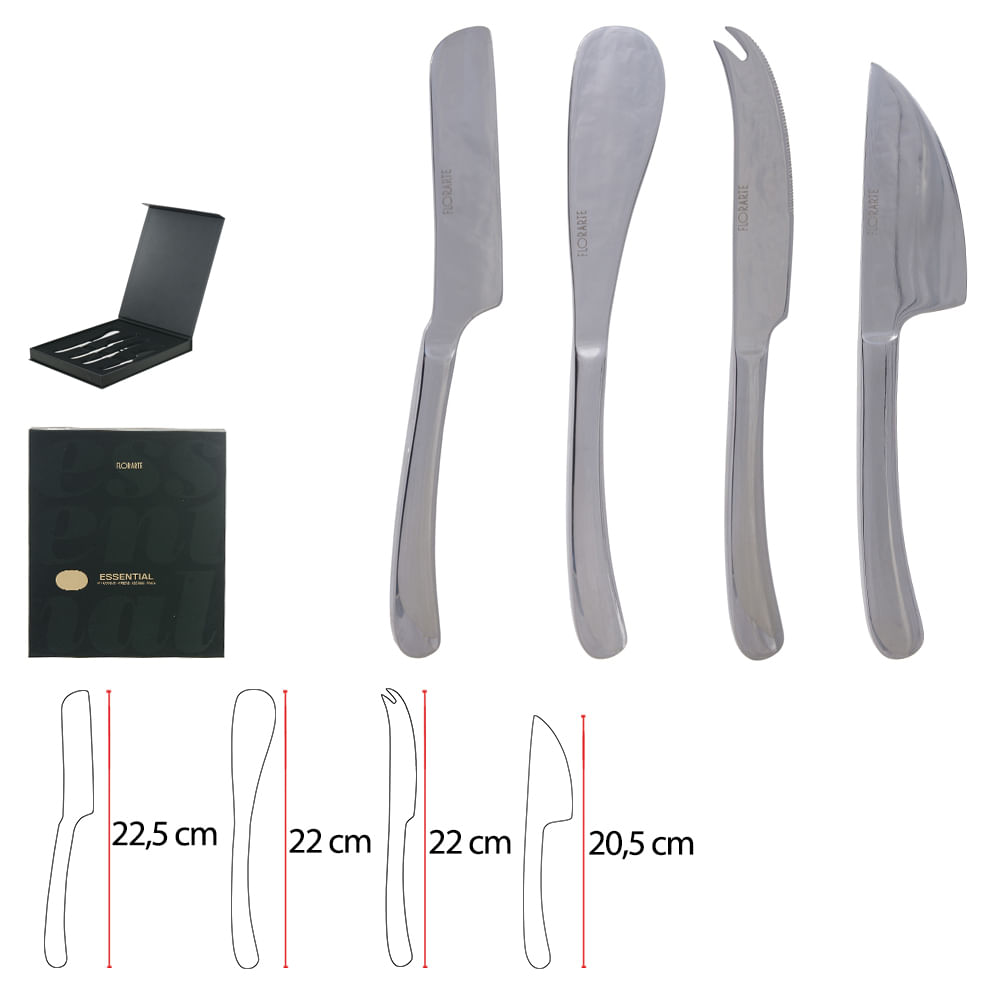 Kit para Queijo Inox 4 Peças Essential Prata Flor Arte