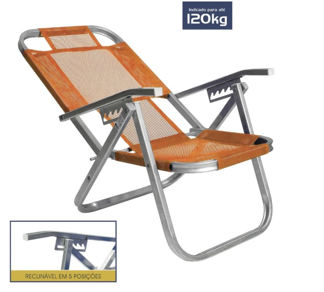 Cadeira de Praia Reclinável em Alumínio Ipanema Laranja Botafogo - Imagem 2