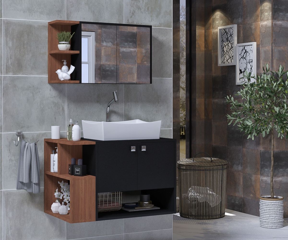 Kit Milano 69cm com Lavatório Sintético e Espelheira Preto e Freijó Arte Gabinetes