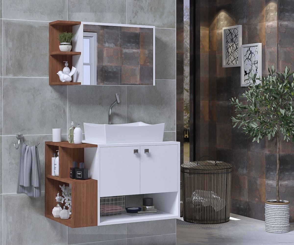 Kit Milano 69cm com Lavatório Sintético e Espelheira Branco e Freijó Arte Gabinetes