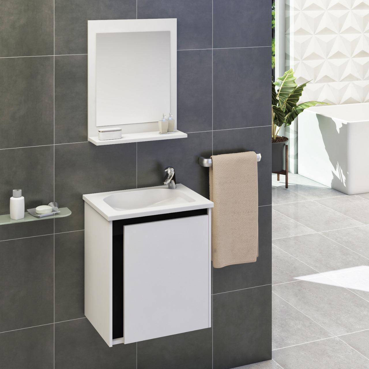 Kit Celta 40cm com Lavatório e Espelheira Branco e Preto Arte Gabinetes