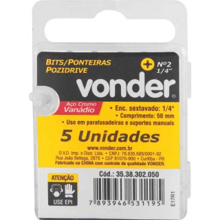 Bits Pozidrive 5 Peças Encaixe 1/4 Vonder