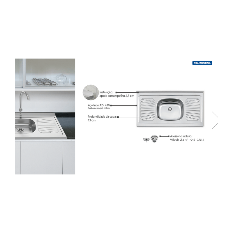 Pia Cozinha New Raggi 40 em Inox com Válvula 105x52cm Tramontina - Imagem 2