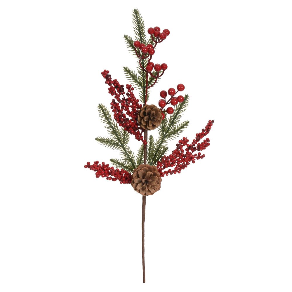 Galho Berry Natal com Pinha 60cm Vermelho Flor Arte