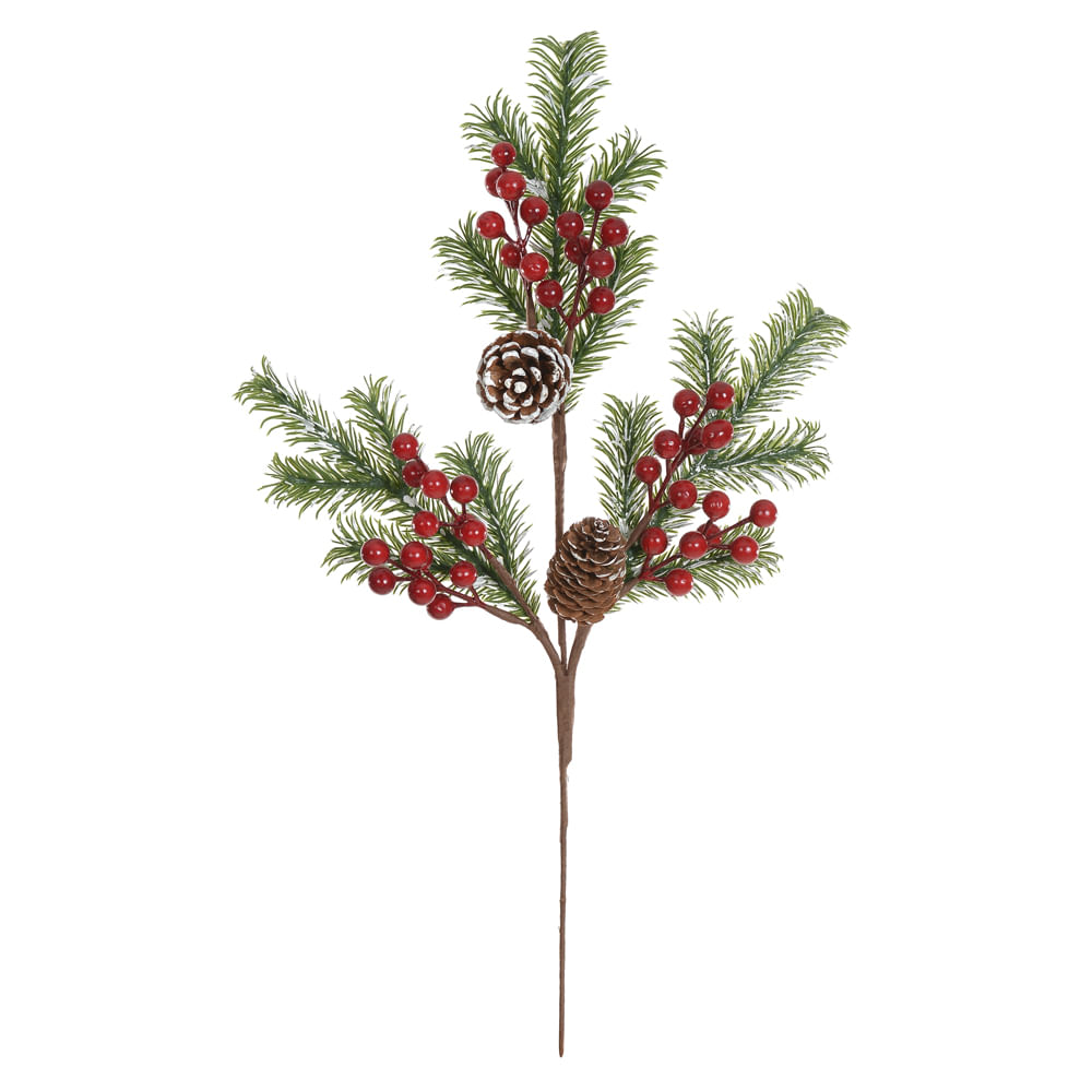 Galho Berry Natal com Pinha 56cm Vermelho Flor Arte