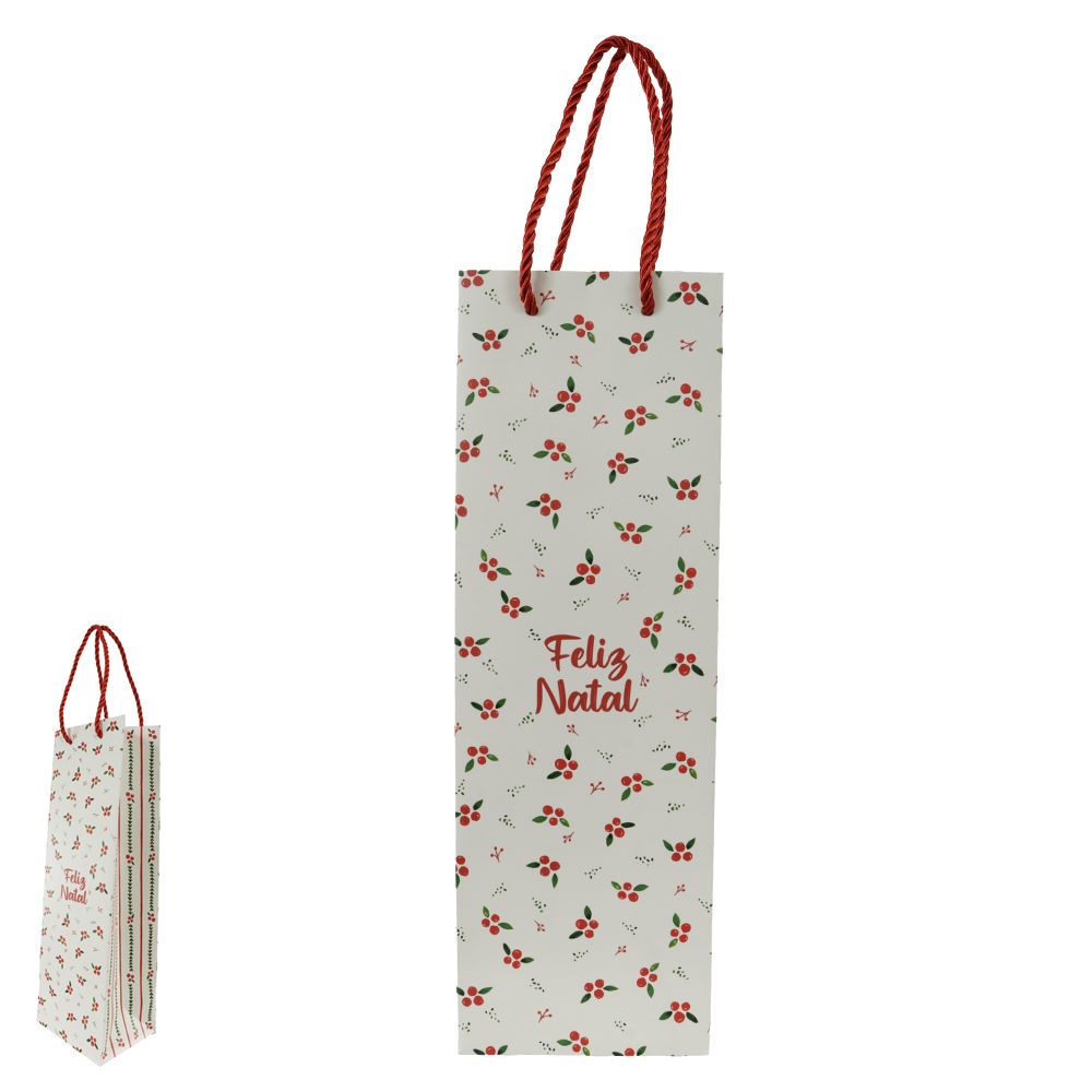 Sacola de Vinho Listras Poá 35x11cm Verde e Vermelho Flor Arte