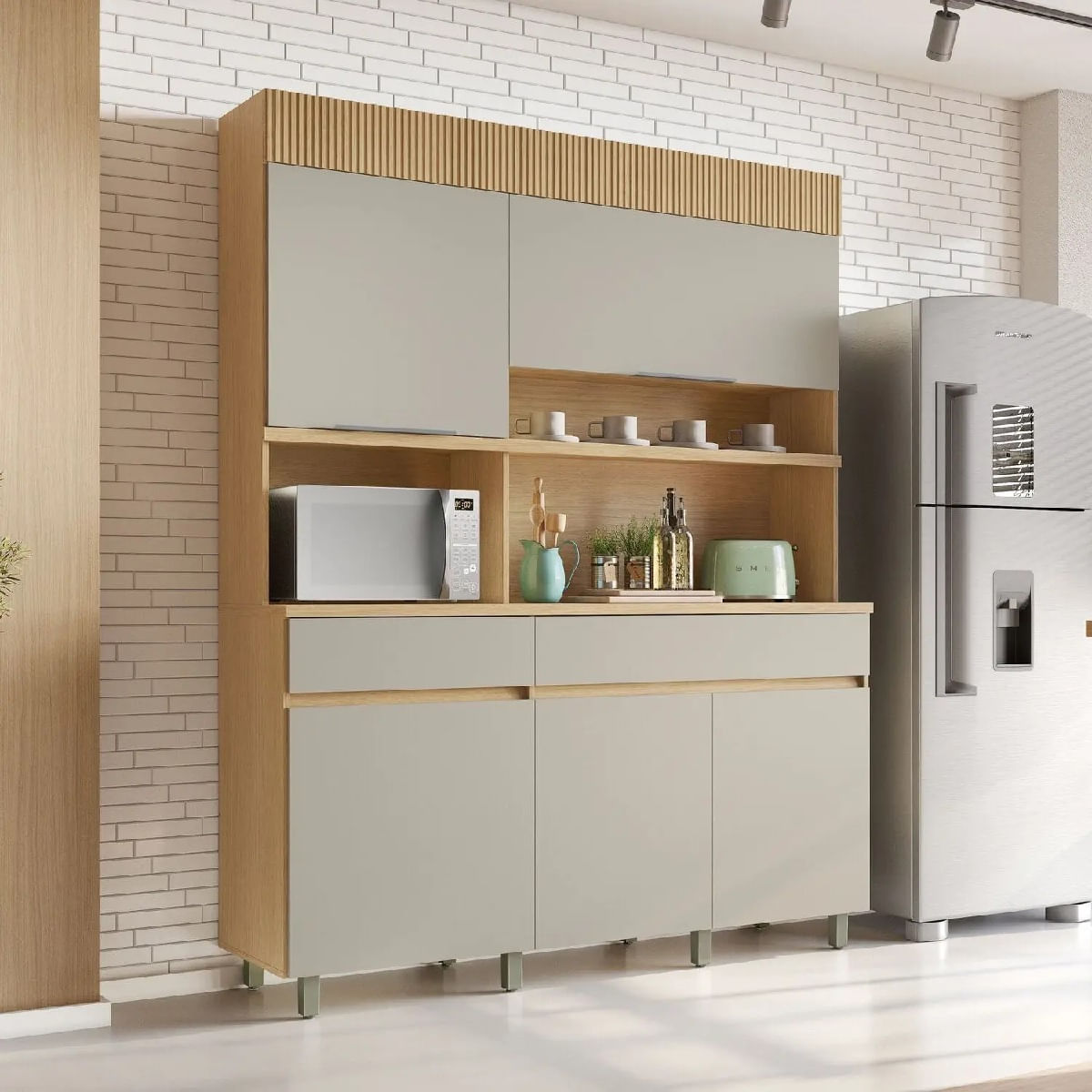 Cozinha 5 Portas 2 Gavetas Realeza Carvalho Greige 160cm Nesher - Imagem 2