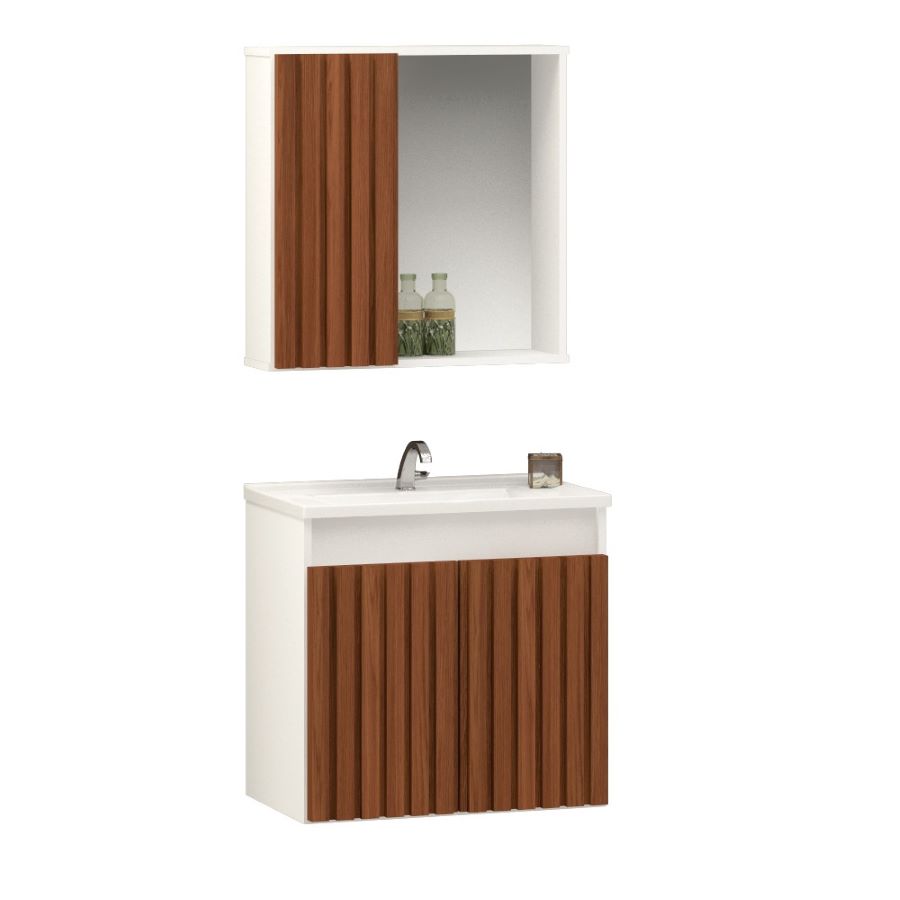 Kit Stilo com Lavatório e Espelheira 50cm Branco e Freijó Arte Gabinetes