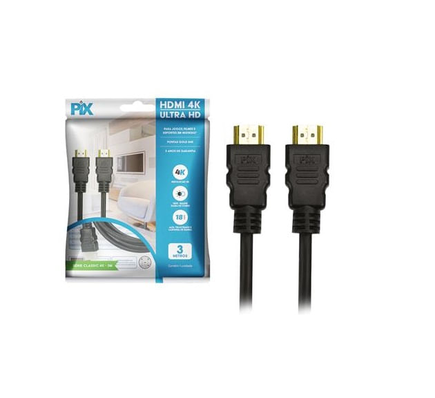 Cabo HDMI 2.0 HDR 19P 4K 3m Preto Pix