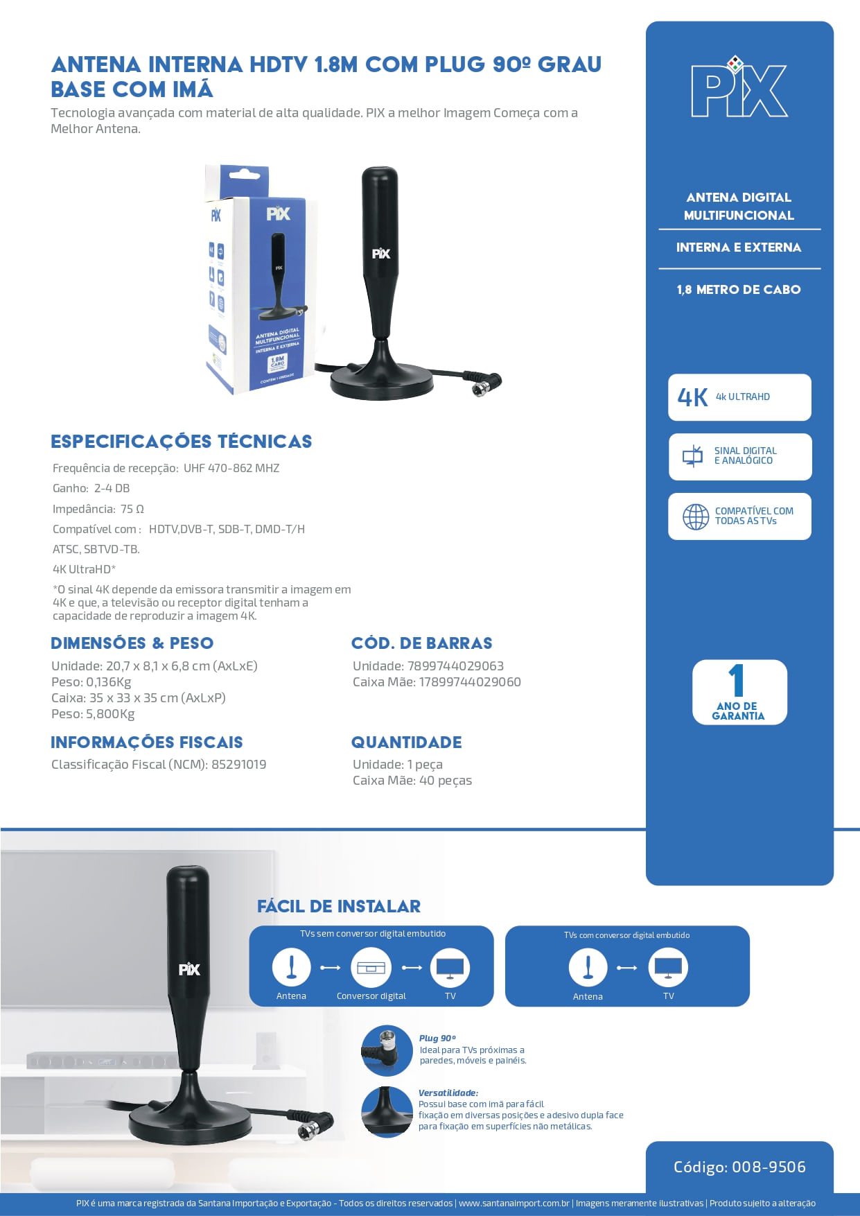 Antena HDTV Interna com Ímã 1,8m Preto Pix - Imagem 2