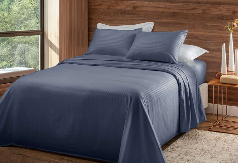 Jogo De Cama Completo Stripe 4 Peças Casal Azul Becadecor